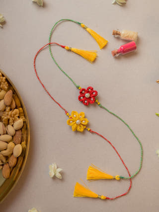 Red And Yellow Crochet Rakhi (Set Of 2)