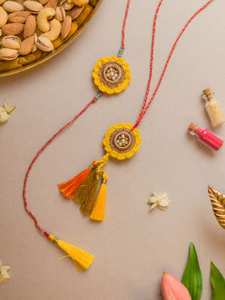 Marigold Crochet Rakhi & Lumba Set (Set Of 2)