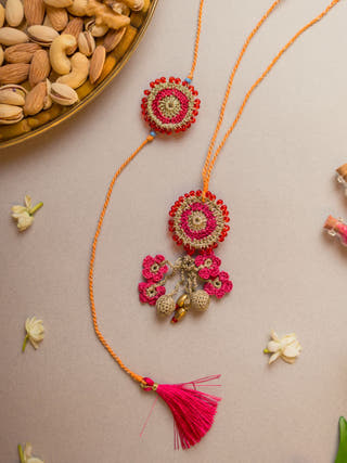 Pink Twilight Crochet Rakhi & Lumba Set (Set Of 2)