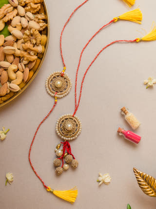 Antique Pearl Crochet Rakhi & Lumba Set (Set Of 2)