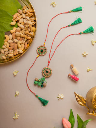 Green Jewel Crochet Rakhi & Lumba Set (Set Of 2)
