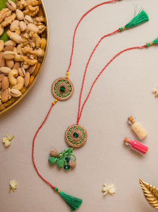 Green Jewel Crochet Rakhi & Lumba Set (Set Of 2)