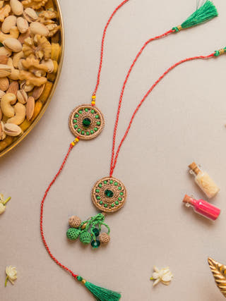 Green Jewel Crochet Rakhi & Lumba Set (Set Of 2)