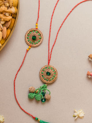 Green Jewel Crochet Rakhi & Lumba Set (Set Of 2)