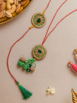 Green Jewel Crochet Rakhi & Lumba Set (Set Of 2)