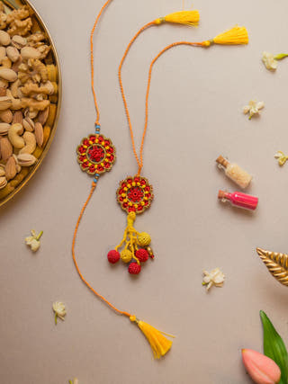 Red Mandala Crochet Rakhi & Lumba Set (Set Of 2)