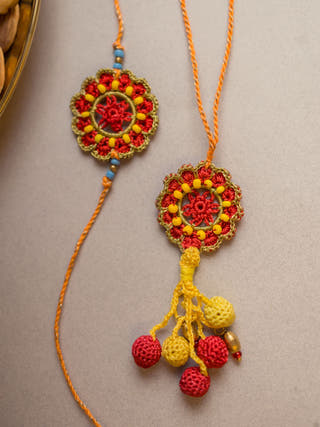 Red Mandala Crochet Rakhi & Lumba Set (Set Of 2)