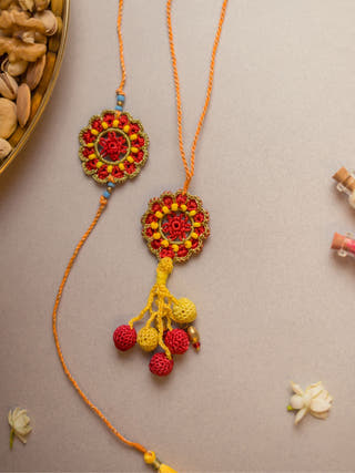 Red Mandala Crochet Rakhi & Lumba Set (Set Of 2)