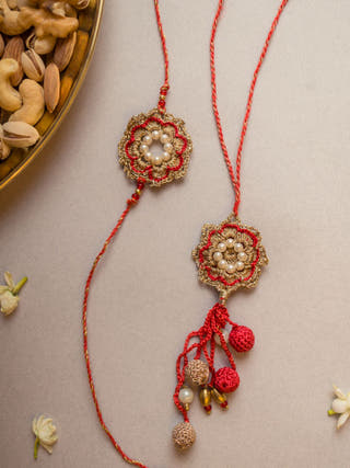 Red Pearl Crochet Rakhi & Lumba Set (Set Of 2)
