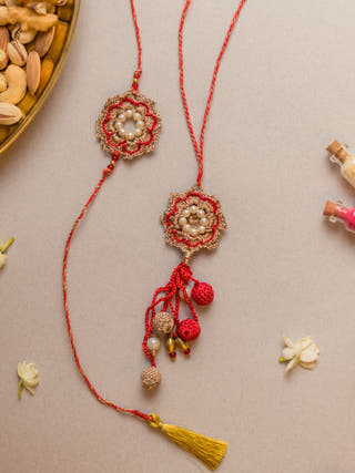 Red Pearl Crochet Rakhi & Lumba Set (Set Of 2)