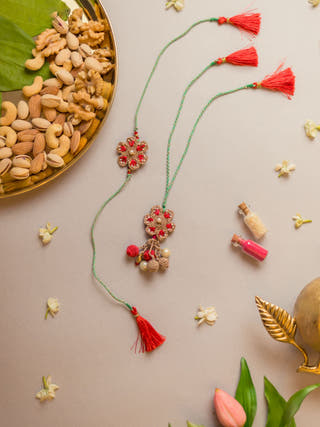 Coral Red Crochet Rakhi & Lumba Set (Set Of 2)