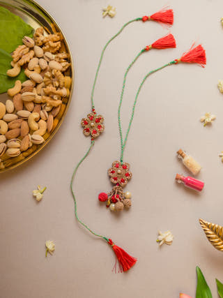 Coral Red Crochet Rakhi & Lumba Set (Set Of 2)