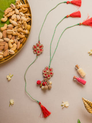 Coral Red Crochet Rakhi & Lumba Set (Set Of 2)