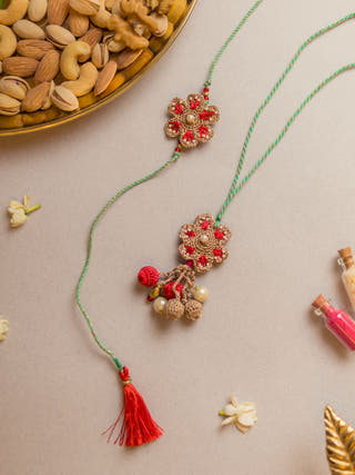 Coral Red Crochet Rakhi & Lumba Set (Set Of 2)