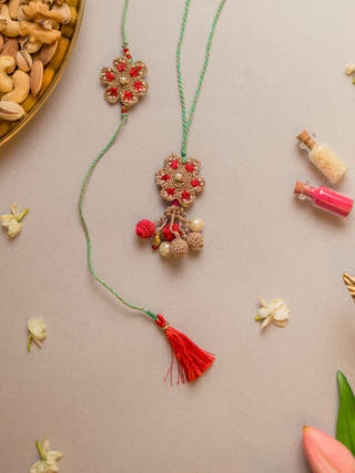 Coral Red Crochet Rakhi & Lumba Set (Set Of 2)
