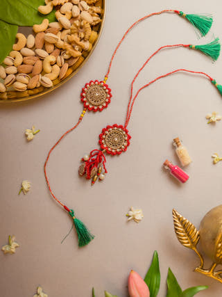 Festive Red Crochet Rakhi & Lumba Set (Set Of 2)