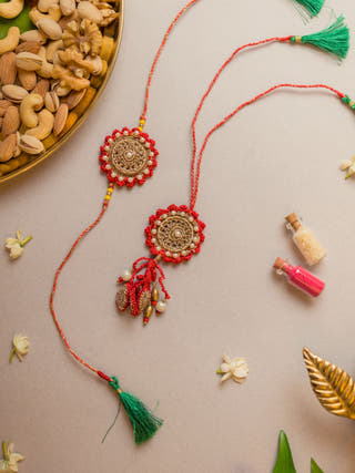 Festive Red Crochet Rakhi & Lumba Set (Set Of 2)
