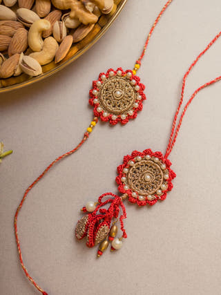 Festive Red Crochet Rakhi & Lumba Set (Set Of 2)