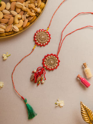 Festive Red Crochet Rakhi & Lumba Set (Set Of 2)