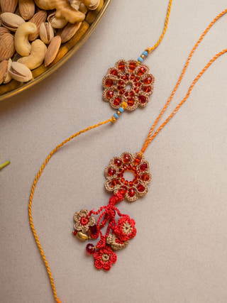Red Stone Crochet Rakhi & Lumba Set (Set Of 2)