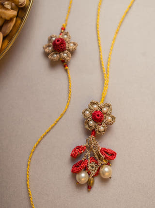 Antique Flower Crochet Rakhi & Lumba Set (Set Of 2)