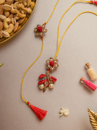 Antique Flower Crochet Rakhi & Lumba Set (Set Of 2)