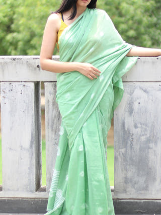 Pure Cotton Saree Floral Motifs Pistachio  Without Blouse Piece II Green
