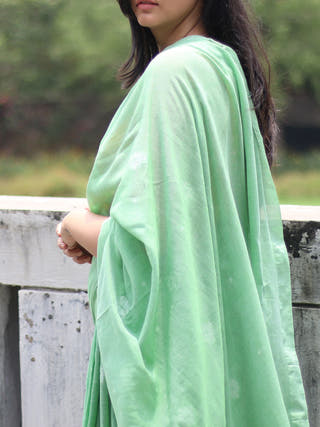 Pure Cotton Saree Floral Motifs Pistachio  Without Blouse Piece II Green