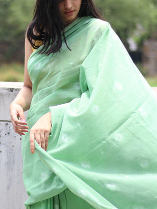 Pure Cotton Saree Floral Motifs Pistachio  Without Blouse Piece II Green