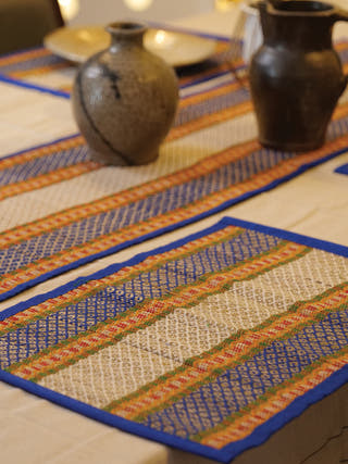 Handcrafted Madhurkathi Table Mat and Runner Blue Pratima Mat Industries