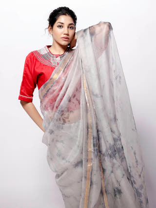 Grey Tie and Dye Saree with  Crop Top Bihart Grey & Red