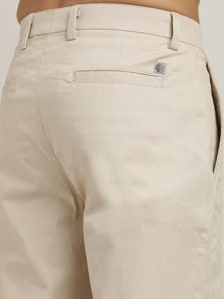 Solid Beige Relaxed Straight Leg Chinos Trousers