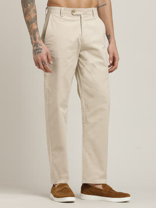 Solid Beige Relaxed Straight Leg Chinos Trousers