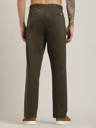 Olive Relaxed Straight Leg Flat Front Chinos Trousers