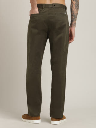 Olive Relaxed Straight Leg Flat Front Chinos Trousers