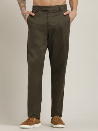 Olive Relaxed Straight Leg Flat Front Chinos Trousers