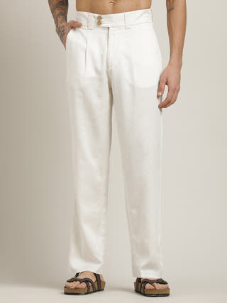 Cream Relaxed Straight Leg Pleated Formal Trousers