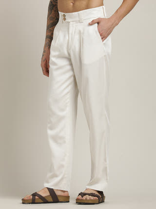 Cream Relaxed Straight Leg Pleated Formal Trousers