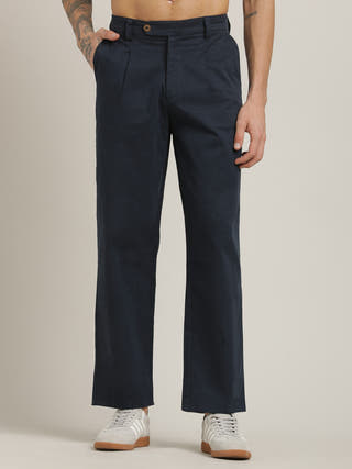 Navy Mid Rise Relexed Fit Pleated Chinos