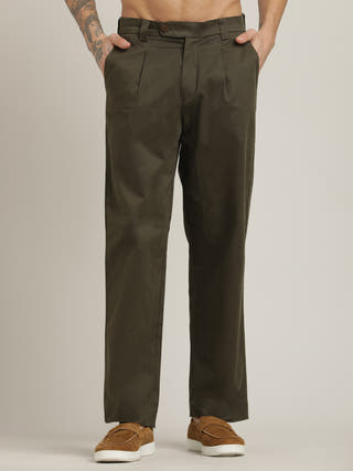Relaxed Straight Leg Olive Pleated Chinos Trousers