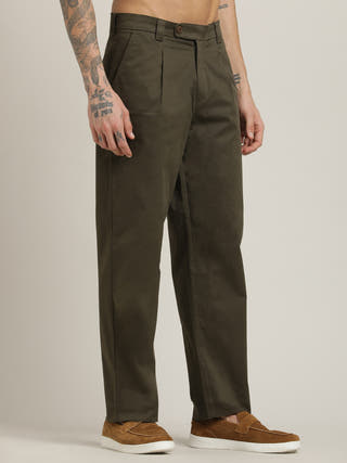 Relaxed Straight Leg Olive Pleated Chinos Trousers