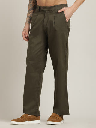 Relaxed Straight Leg Olive Pleated Chinos Trousers