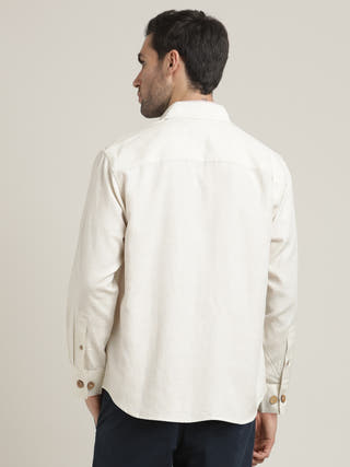 Cream Relaxed Fit Button-Down Collar Linen Overshirt