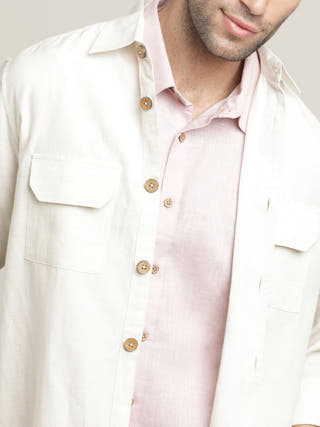Cream Relaxed Fit Button-Down Collar Linen Overshirt