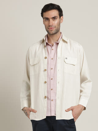 Cream Relaxed Fit Button-Down Collar Linen Overshirt