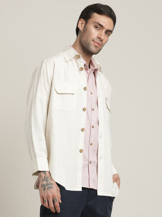 Cream Relaxed Fit Button-Down Collar Linen Overshirt