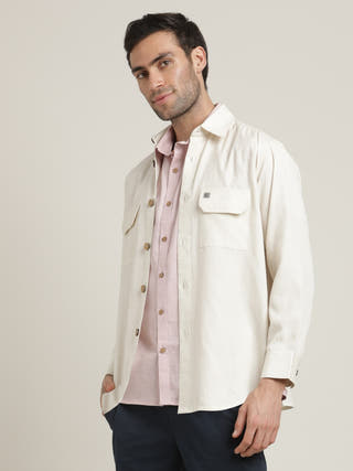 Cream Relaxed Fit Button-Down Collar Linen Overshirt