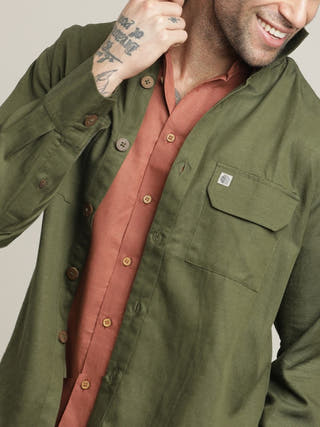 Olive Relaxed Spread Collar Relaxed Fit Linen Overshirt