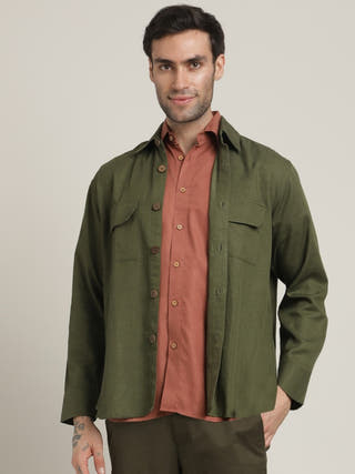 Olive Relaxed Spread Collar Relaxed Fit Linen Overshirt