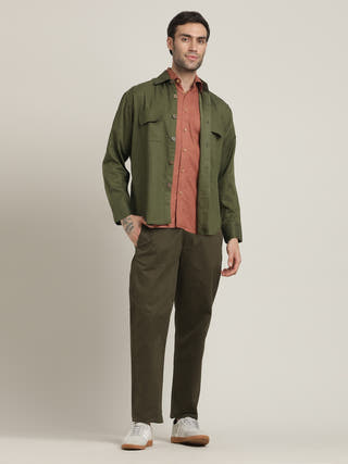 Olive Relaxed Spread Collar Relaxed Fit Linen Overshirt